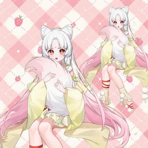May include: Two anime-style figures with white hair and fox-like ears, dressed in yellow and pink outfits, holding large, fluffy pink and white tails. The background is a pink and white checkered pattern with strawberry illustrations.