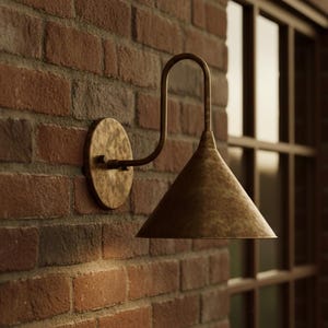 May include: A rustic outdoor wall sconce with a conical shade and curved arm, mounted on a red brick wall. The fixture has a bronze finish and is positioned near a window. The scene is illuminated by natural light.