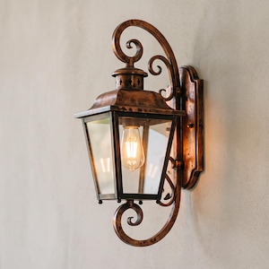UL listed Copper Carriage Lantern Sconce, Elegant Outdoor Wall Light, Aged Copper Porch Light Fixture, Scroll Wall Lantern, Classic Lighting