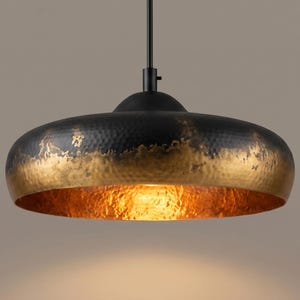 Hand-Hammered Black Pendant Light | Solid Brass Interior Chandelier | Dark Industrial Kitchen Dome Lamp | Two-Tone Ceiling Fixture