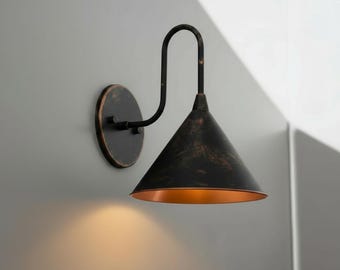Rustic Wall Sconce Light Fixture | Industrial Farmhouse Black Patina Copper Cone Shade Lamp | Vintage Style Indoor Outdoor Wall Lights