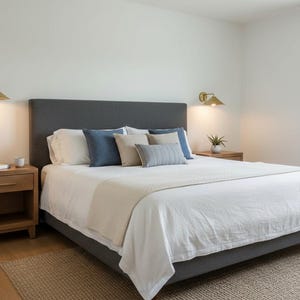 May include: A modern bedroom with a gray upholstered bed frame, white bedding, and decorative pillows in shades of blue and beige. Two wooden nightstands with lamps flank the bed. The room has a neutral color palette with a rug on the floor.
