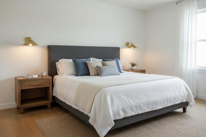 May include: A modern bedroom with a gray upholstered bed frame, white bedding, and decorative pillows in shades of blue and beige. Two wooden nightstands with lamps flank the bed. The room has a neutral color palette with a rug on the floor.
