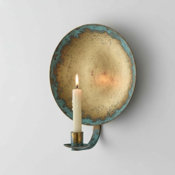 Vintage Green Patina Brass Candle Holder Wall Sconce | Handmade Copper Round Reflector | Rustic Vintage Wall Mount | Home Decor Light