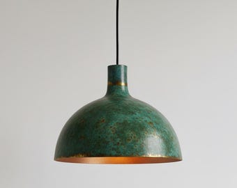 Lámpara colgante rústica de cobre con pátina verde - Lámpara colgante industrial vintage con interior de cobre