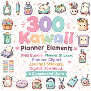 Puede incluir: Una colección digital de 300 elementos de planificación Kawaii con iconos en tonos pastel como un lápiz, cesta, papelera, pesa rusa y tijeras. El texto dice 300 Kawaii Planner Elements, PNG Bundle, Planner Stickers, Planner Clipart, Journal Stickers, Digital Download, Commercial Use.