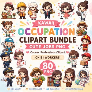 Könnte beinhalten: Eine digitale Sammlung von Chibi-Stil Charakterillustrationen mit verschiedenen Berufen wie Arzt, Feuerwehrmann, Astronaut und Koch. Der Text lautet KAWAI OCCUPATION CLIPART BUNDLE CUTE JOBS PNG Career Professions Clipart CHIBI WORKERS 80 PNG.