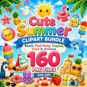 以下が含まれることがあります： 160個のPNGファイルを含む「Cute Summer Clipart Bundle」というタイトルのデジタルグラフィックコレクション。太陽、フラミンゴ、パイナップル、イルカ、アイスクリーム、オオハシ、タコ、ビーチアイテムのカラフルな漫画風イラストが描かれています。