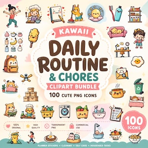 100 niedliche PNG Icons, Kawaii Alltag & Haushaltsaufgaben, Putzen, Selbstfürsorge, Haushaltsaufgaben, Kommerzielle Nutzung