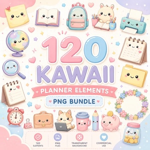 120 Kawaii Planner Elements PNG Bundle, Planner Stickers, Planner Clipart, Journal Stickers, Digital Download, Commercial Use