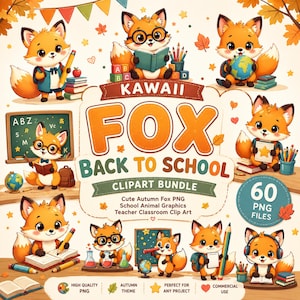Può includere: Un pacchetto di clipart digitali con varie illustrazioni di volpi arancioni in contesti scolastici. Il testo centrale recita KAWAII FOX BACK TO SCHOOL CLIPART BUNDLE. Le grafiche includono volpi con libri, matite, mappamondi e lavagne.