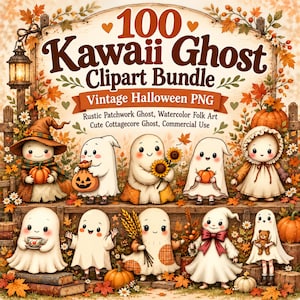 Könnte beinhalten: Eine digitale Grafik mit dem Text 100 Kawaii Ghost Clipart Bundle Vintage Halloween PNG. Das Bild zeigt zehn Cartoon-Geister in verschiedenen Outfits und Posen, umgeben von Herbstblättern, Kürbissen und hölzernen Zaunelementen.