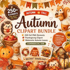 May include: An autumn clipart bundle featuring over 250 high-quality PNG elements. The design includes illustrations of a hedgehog, a squirrel, pumpkins, a basket of apples, a sweater, a wreath, and a lantern, all decorated with fall leaves.