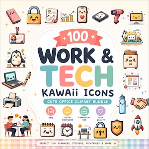 Może przedstawiać: Cyfrowa kolekcja 100 ikon Kawaii Work & Tech z uroczymi clipartami biurowymi. Centralny tekst brzmi 100 WORK & TECH KAWAII ICONS CUTE OFFICE CLIPART BUNDLE, otoczony różnymi kolorowymi ilustracjami artykułów biurowych, technologii i postaci.