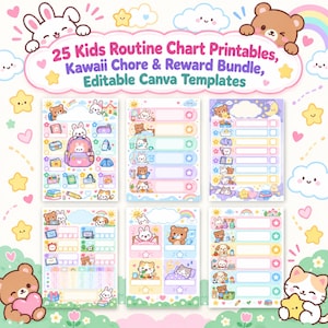 May include: A digital bundle of 25 printable kids routine charts, chore, and reward templates featuring pastel-colored illustrations of cartoon bears, rabbits, and cats with the text 25 Kids Routine Chart Printables, Kawaii Chore & Reward Bundle, Editable Canva Templates.