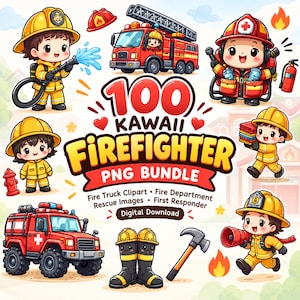 Pode incluir: Uma coleção digital de 100 gráficos PNG de bombeiros kawaii com personagens de desenhos animados em equipamento amarelo, caminhões de bombeiros vermelhos, capacetes, botas, um hidrante, um machado e um extintor, com o texto 100 KAWAII FIREFIGHTER PNG BUNDLE.