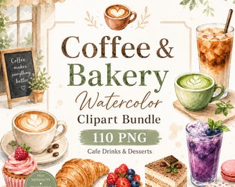 Kaffee & Bäckerei Aquarell Clipart Bundle | 110 PNG Cafe Getränke | Süßspeisen