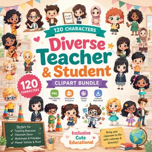 Diverse clipartbundel voor leraar en leerling, 120 kawaii schoolpersonages png, inclusief chibi-klaslokaal, schattige educatieve afbeeldingen