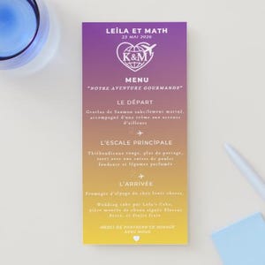 May include: A rectangular vertical menu card with a purple to yellow gradient background. It features the text LEILA ET MATH, 23 MAI 2026, a heart globe icon with K&M, and the title MENU NOTRE AVENTURE GOURMANDE followed by sections LE DÉPART, L'ESCALE PRINCIPALE, and L'ARRIVÉE.