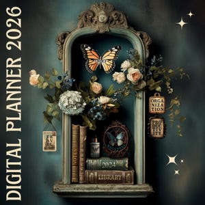 Puede incluir: Un planificador digital para 2026, exhibido en un entorno de estantería decorativa. La imagen presenta una mariposa, flores, libros y etiquetas con palabras como "Viajes", "Bienestar" y "Organización". Las palabras "Digital Planner 2026" están escritas verticalmente.