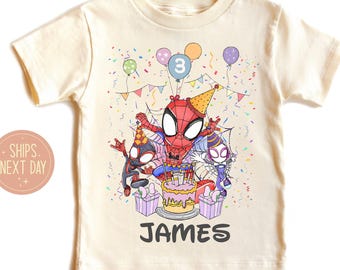 Inspired Spider Birthday T-Shirt: Spidey Friends Party Theme, Personalized Cotton Tee