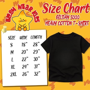 May include: Black Gildan 5000 heavy cotton t-shirt with a size chart. The chart lists sizes S to 2XL with corresponding width and length measurements in inches. The Bloom Wear Kids logo is at the top.