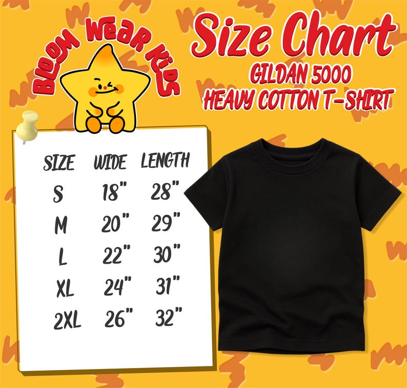 May include: Black Gildan 5000 heavy cotton t-shirt with a size chart. The chart lists sizes S to 2XL with corresponding width and length measurements in inches. The Bloom Wear Kids logo is at the top.
