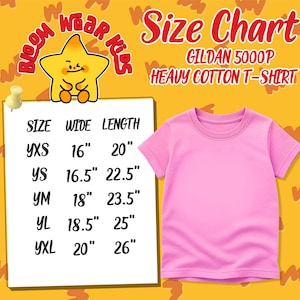 May include: A pink Gildan 5000P heavy cotton t-shirt with a size chart. The chart lists sizes YXS, YS, YM, YL, and YXL, with corresponding width and length measurements in inches. The shirt is displayed on a yellow background.