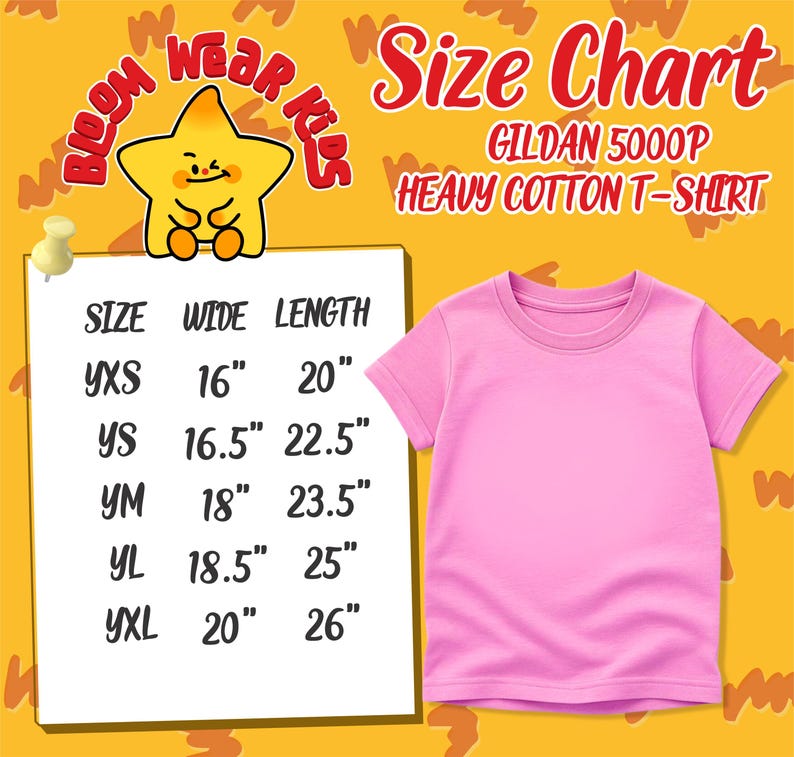 May include: A pink Gildan 5000P heavy cotton t-shirt with a size chart. The chart lists sizes YXS, YS, YM, YL, and YXL, with corresponding width and length measurements in inches. The shirt is displayed on a yellow background.