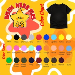 May include: A black crew neck t-shirt is displayed on a yellow background, with a color chart below. The chart includes various colors like white, black, red, blue, and pink. The text "BLOOM Wear Kids" is at the top.