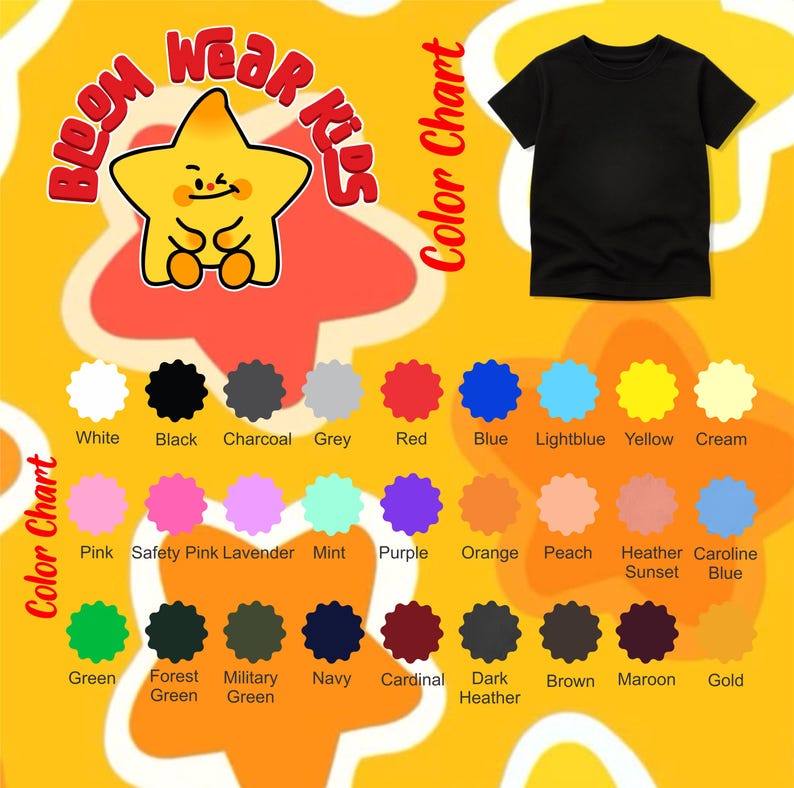 May include: A black crew neck t-shirt is displayed on a yellow background, with a color chart below. The chart includes various colors like white, black, red, blue, and pink. The text "BLOOM Wear Kids" is at the top.