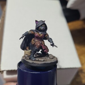 May include: A painted miniature figurine of a cat-like humanoid character wearing a dark hooded cloak, a maroon tunic, and brown trousers. The figure is in a crouched stance, holding a small silver-coloured dagger in each hand, standing on a circular base.