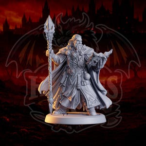 May include: A detailed, gray miniature of a wizard holding a staff and a book. The wizard wears a long coat and has a long beard. The background features a red sky and a silhouette of a city.