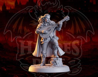 May include: A grey figurine of a male elf playing a lute. The elf is wearing a cloak and boots, standing on a stone base. The background features a dragon emblem and the text "HADES RISE".