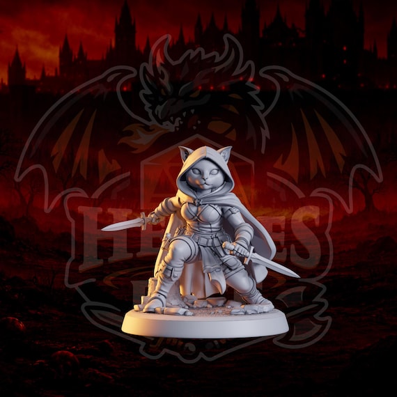 Cat Rogue Miniature | 3D Printed D&D Tabaxi | AsymSculpts Design | Unpainted or Primed