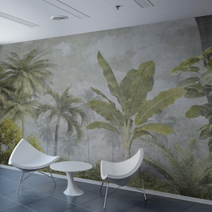 Tropical Palm Wall Mural, Green Banana Leaves Wallpaper, Jungle Forest Wall Art, Botanical Wallpaper for Living Room or Office Decor