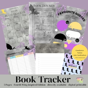 Könnte beinhalten: Eine Sammlung digitaler Buch-Tracker mit Fantasy-Thema. Enthält Seiten zur Verfolgung des Lesefortschritts, Lieblingszitaten und zu lesenden Büchern. Mit einer Bücherregal-Grafik und Drachenillustrationen. Der Text enthält "Book Tracker" und "Fourth Wing inspired Edition".
