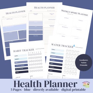 Könnte beinhalten: Fünf bedruckbare Gesundheitsplaner-Seiten in Blau- und Weißtönen. Die Seiten umfassen einen Wochen-Sportplaner, einen Gewohnheitstracker und einen Wassertracker. Der Titel "Health Planner" steht unten.