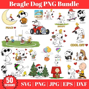 Puede incluir: Un conjunto de 50 diseños PNG de Beagle Dog, con Snoopy en varias poses y escenarios. Las imágenes incluyen a Snoopy con gafas de sol, en un coche de carreras y con Charlie Brown. Los diseños están disponibles en formatos SVG, PNG, JPG, EPS y DXF.