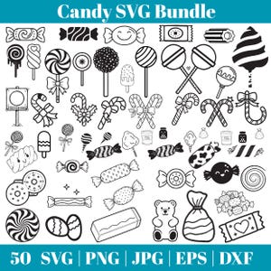 Puede incluir: Ilustraciones en blanco y negro de varios dulces, incluyendo piruletas, bastones de caramelo y caramelos envueltos. La imagen incluye un osito de goma y el texto "Candy SVG Bundle". Información sobre tipos de archivo en la parte inferior.