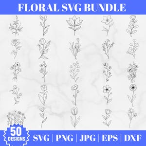 Può includere: Un pacchetto di 50 design floreali in formati SVG, PNG, JPG, EPS e DXF. L'immagine presenta illustrazioni di fiori e foglie. Il testo "FLORAL SVG BUNDLE" è in alto in blu.