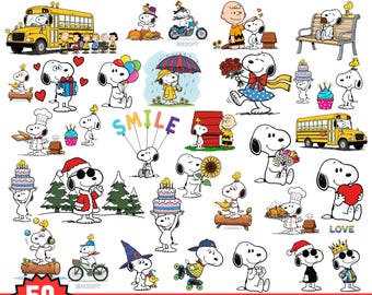 May include: A collection of 50 Beagle Dog PNG designs. The images feature Snoopy in various poses and settings, including a school bus, holding balloons, and wearing a Santa hat. The text "Beagle Dog PNG Bundle" and "50 Designs" are visible.