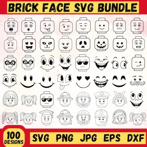 以下が含まれることがあります： 「BRICK FACE SVG BUNDLE」と題されたデジタルコレクション。おもちゃのブロックヘッドの様々な表情を描いた100種類の白黒ラインアートデザインで、感情、アクセサリー、帽子、髪型などが含まれ、SVG、PNG、JPG、EPS、DXF形式で提供されています。