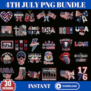 May include: A digital collection of 30 patriotic designs featuring American flag patterns, stars, stripes, eagles, skulls, boots, and text such as USA, America, 1776, and Land of the Free. These graphic elements use red, white, and blue colour schemes.