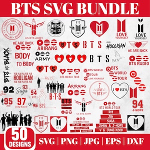 Könnte beinhalten: Eine digitale Sammlung von 50 BTS-thematischen Grafikdesigns in Rot und Schwarz, mit Logos, Herzformen, Silhouetten der Gruppe, Mitgliedernamen und Texten wie BTS, ARMY, Love Yourself und Hooligan, dargestellt in einem Rasterlayout.