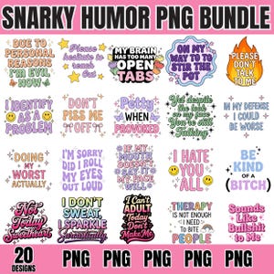 Könnte beinhalten: Eine digitale Sammlung von 20 humorvollen Grafikdesigns im PNG-Format. Jedes Design zeigt farbenfrohe Typografie mit Sprüchen wie 'Due to personal reasons I'm evil now', 'My brain has too many open tabs' und 'I hate you all' mit Sternen.