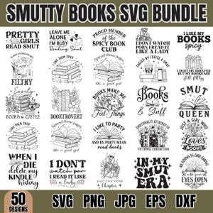 Może przedstawiać: Cyfrowa kolekcja 50 czarno-białych projektów graficznych zatytułowana SMUTTY BOOKS SVG BUNDLE. Obrazy zawierają różne ilustracje o tematyce książkowej, akcenty kwiatowe, szkielety oraz typografię z frazami takimi jak Pretty Girls Read Smut.