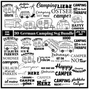 Puede incluir: Un paquete SVG en blanco y negro con ilustraciones de caravanas y autocaravanas con superposiciones de texto. El texto incluye frases como "Camping Liebe" y "Happy Camper". El paquete está etiquetado como "30-German Camping SVG Bundle".