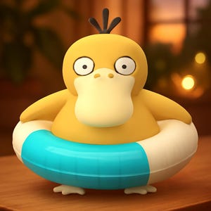 May include: A yellow Psyduck figure with a light blue and white inner tube. The figure has a large bill, small black eyes, and a small tuft of black hair. The figure is sitting on a wooden surface.