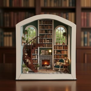 May include: A miniature diorama of a cozy library scene, complete with a spiral staircase, fireplace, and rocking chair. The scene is set within the pages of a book, with detailed bookshelves and a warm, inviting atmosphere. The color palette includes warm browns, greens, and whites.